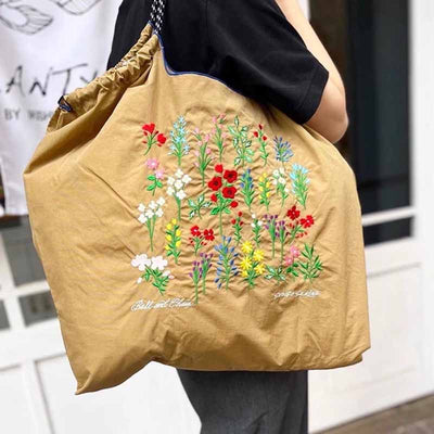 Floral Embroideried Handbag Durable Drawstring Nylon Shoulder Bag For Women