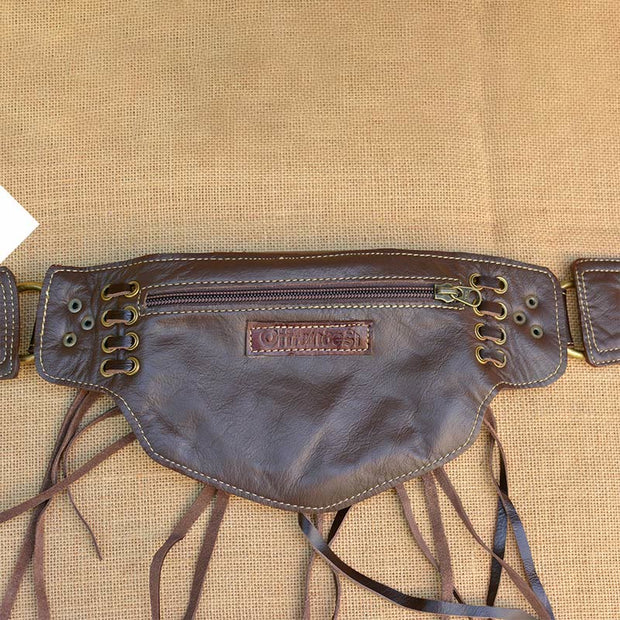 Large Leather Utility 2-Pouch Handmade Practical Tassel Waist Fanny Pack Belt Bag