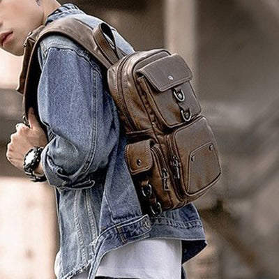 Retro Anti-theft Multi-Pocket Leather Sling Bag Roomy Daypack