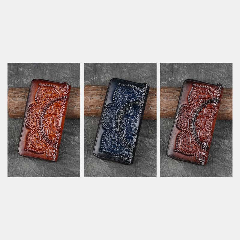 Women Genuine Leather Zip Around Embossing Wallet Large Cowhide Leather Wallet