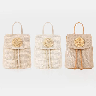 Women Straw Backpack Summer Beach Woven Drawstring Handbag Shoulder Bag