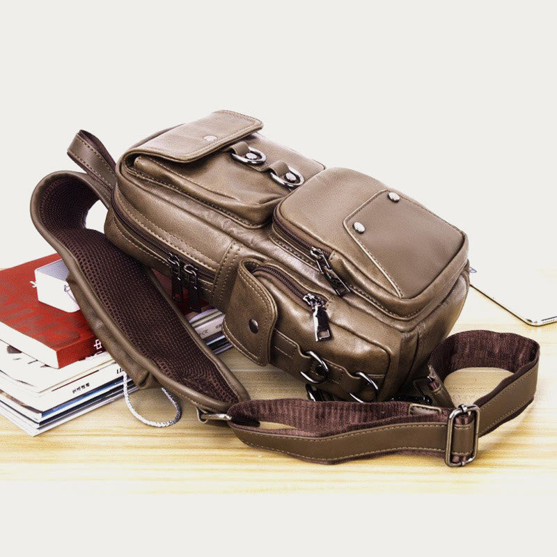 Retro Anti-theft Multi-Pocket Leather Sling Bag Roomy Daypack