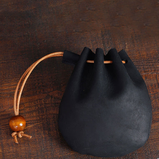 Leather Drawstring Pouch Retro Coin Purse Wallet for Women Men