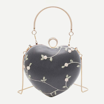 Floral Embroidered Handbag Heart Shaped Evening Bag Clutch with Gold Chain