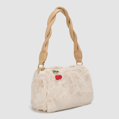 Women Winter Plush Handbag Fluffy Cherry Crossbody Shoulder Purse Hobo Bag