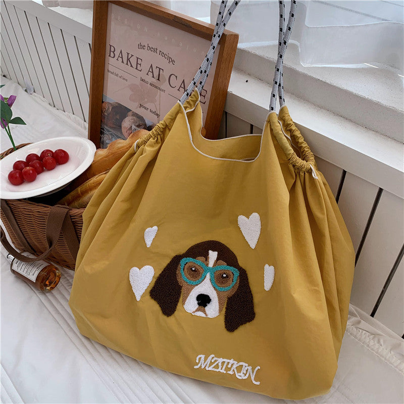 Cute Dog Embroideried Handbag Durable Drawstring Shoulder Bag For Women