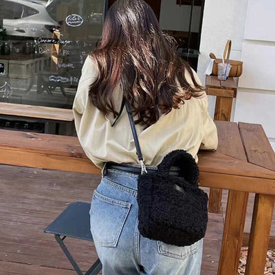 Small Plush Tote Bag for Women Fluffy Top-Handle Crossbody Handbag