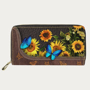 PU Leather Wallet For Women Butterfly Sunflower Pattern Long Purse