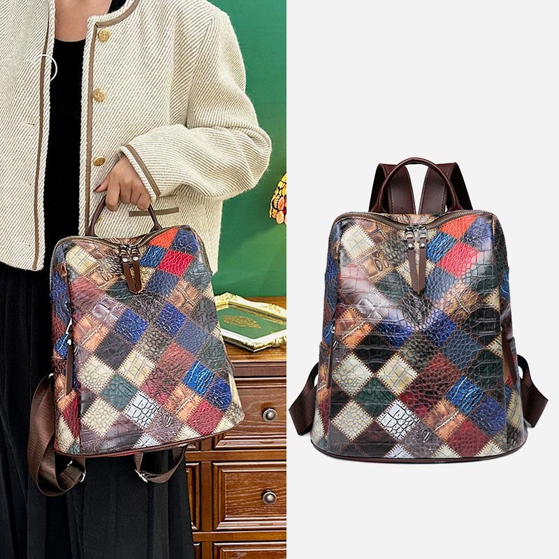 Backpack for Women Color Mosaic Simple Lattice Pattern Journey Bag