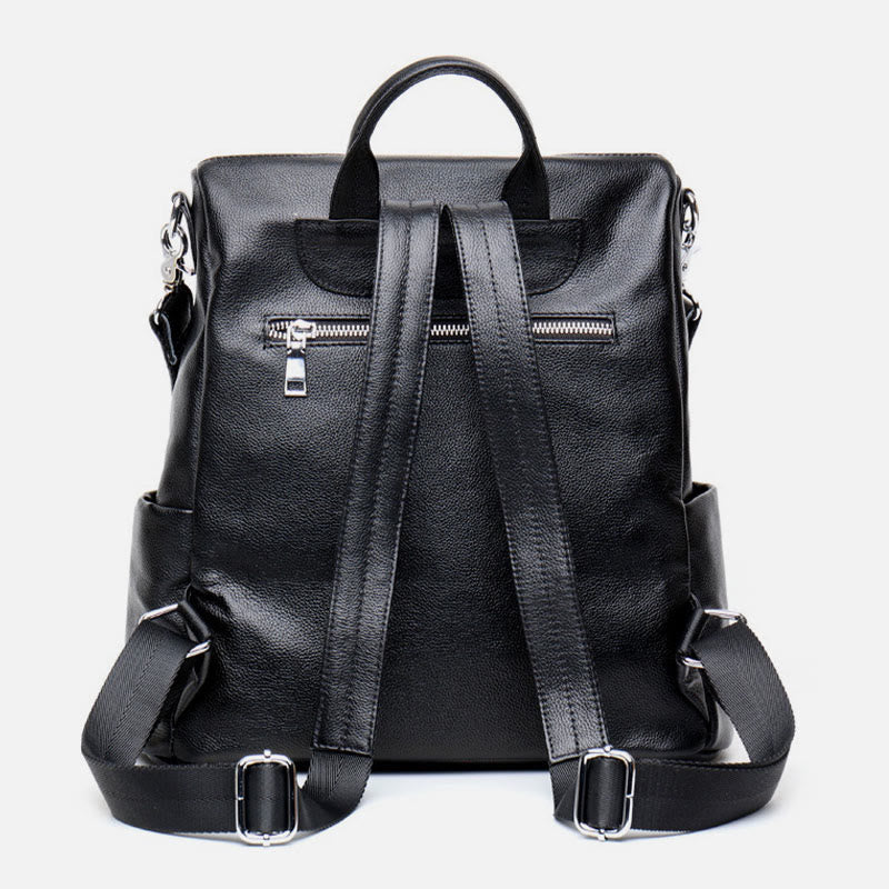 Fashion Rivet Backpack Genuine Leather Double Shoulder Strap Roomy Bag