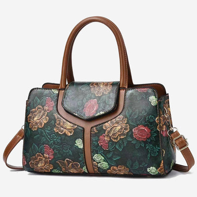 Retro Floral Emboss Handbag Women Horizontal Crossbody Leather Bag