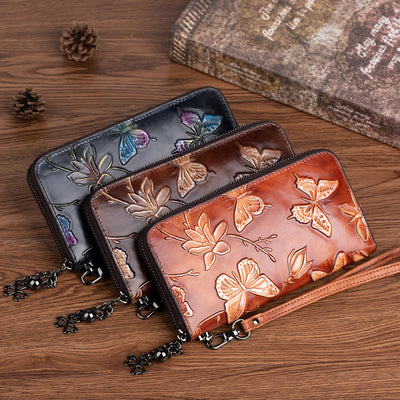 Retro Butterfly Handbag Women Elegant Long Large Space Leather Wallet