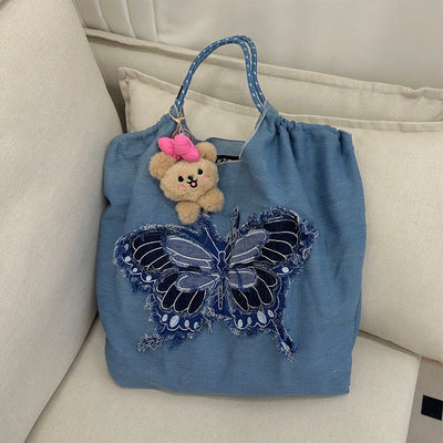 Butterfly Pattern Shoulder Bag For Women Large Denim Tote