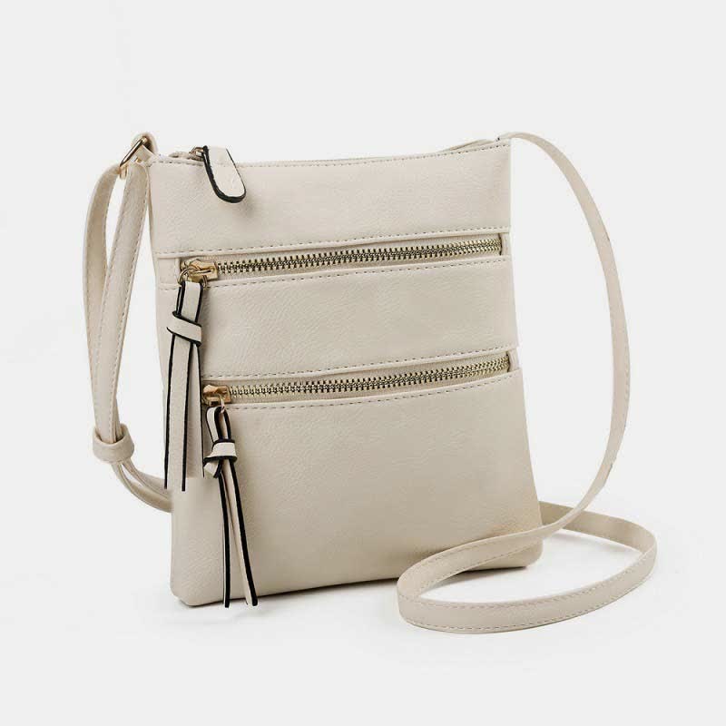 Multifunction Triple Zip Crossbody Bag Trendy Design Leather Shoulder Bag