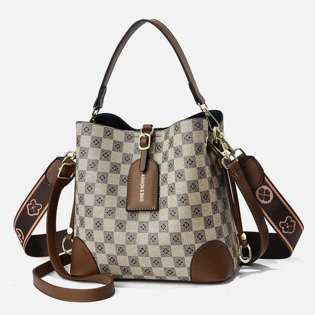 Women Large Bucket Bag Plaid Vegan Leather Crossbody Handbag