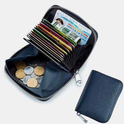 RIFD Blocking Small Coin Purse Multi-Pocket Card Holder Genuine Leather Wallet