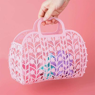 Handbag for Bathroom Pink Collapsible Plastic Storage Bath Basket