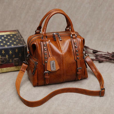 Retro Oil Wax Leather Rivet Handbag Tote Satchel Crossbody Bag