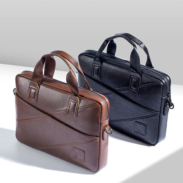 Briefcase For Men Business Solid Color Genuine Leather Crossbody Bag
