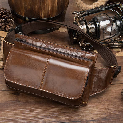 Waist Bag For Men Cowhide Leather Outdoor Running Crossbody Chest Bag