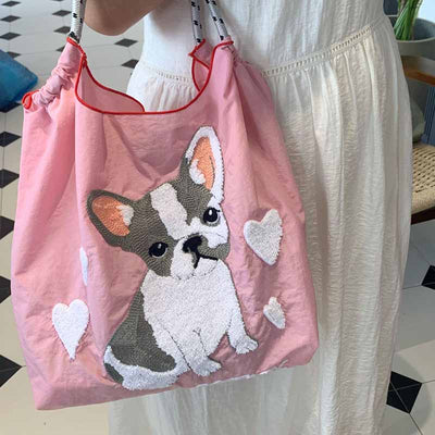 Cute Dog Embroideried Handbag Durable Drawstring Shoulder Bag For Women