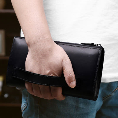 Large Capacity Leather Men Clutch Purse Bag Long Wallet Cellphone Bag