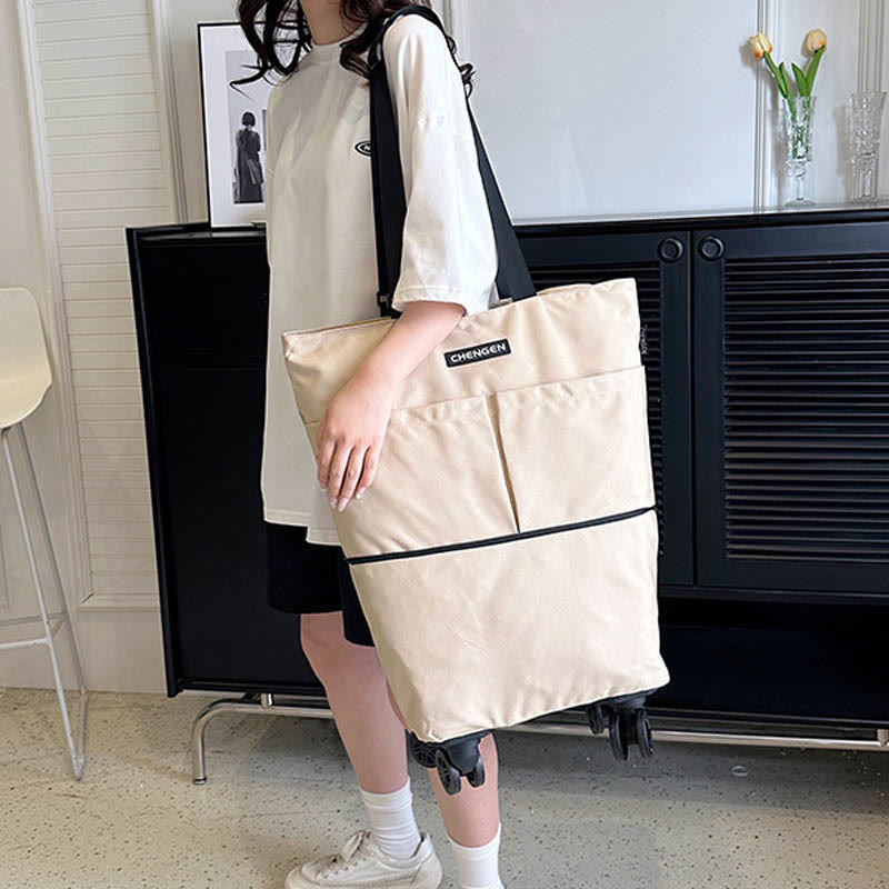 Supermarket Rolling Tote Detachable Foldable Wheels Shoulder Purse For Women