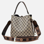 Women Large Bucket Bag Plaid Vegan Leather Crossbody Handbag