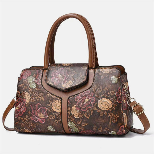 Retro Floral Emboss Handbag Women Horizontal Crossbody Leather Bag