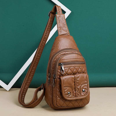 Retro Sling Backpack for Women Multi-Pocket PU Leather Crossbody Chest Bag