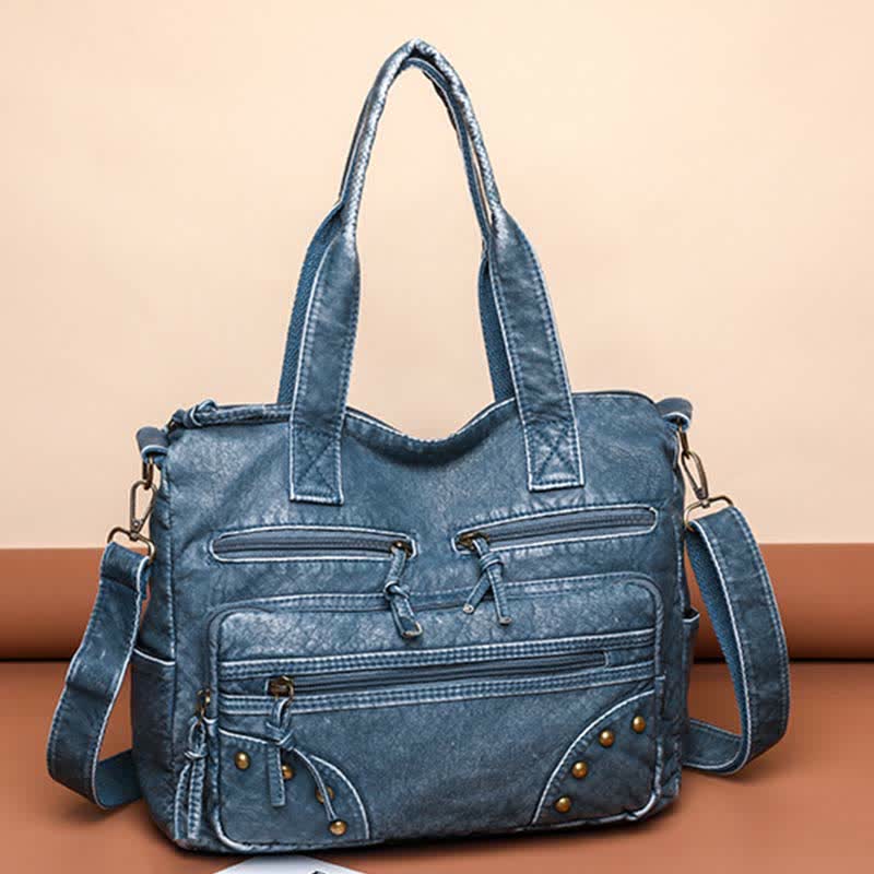 Denim Color Tote Handbags Big Capacity Faux Leather Shoulder Purse