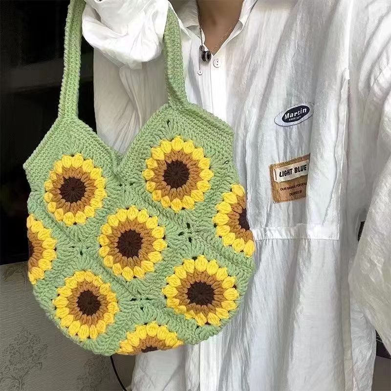 Cute Sunflower Handbag Crochet Hand Woven Shoulder Bag For Women