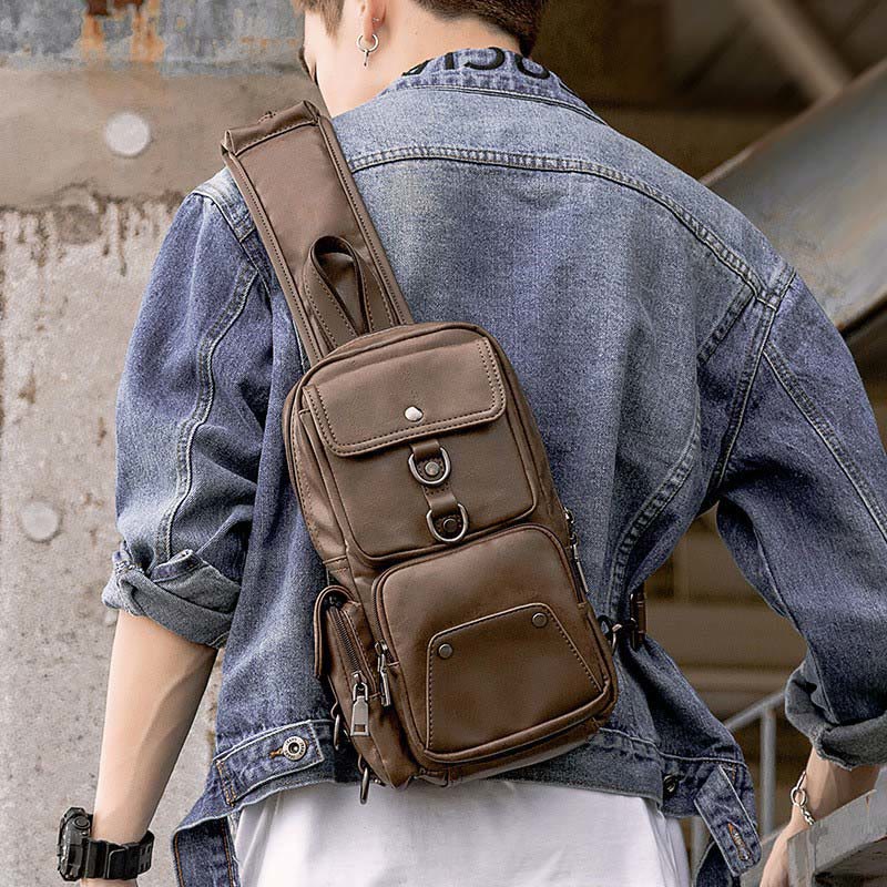 Retro Anti-theft Multi-Pocket Leather Sling Bag Roomy Daypack