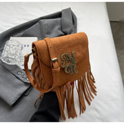 Women Autumn Flannelette Bag Retro Letter Buckle Crossbody Tassel Bag