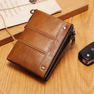 RFID Blocking Bifold Wallet Retro Cowhide Leather Wallet with Chain