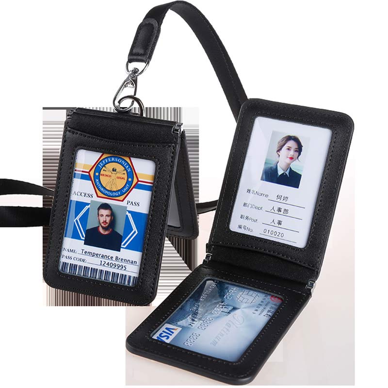 Genuine Leather ID Badge Holder with Vertical Clear ID Window Neck Lanyard