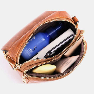 Triple Zip Small Crossbody Bag Leather Handbag Shoulder Purses for Women