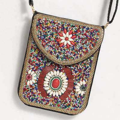 Bohemian Phone Bag Women Shell Flowers Pattern Magnetic Crossbody Bag