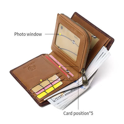 Men's Leather Bifold Wallet with 2 ID Windows Anti-theft RFID Blocking