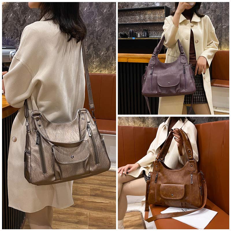 Double Large Compartment Tote Hobo Bag Leather Handbag with Crossbody Strap