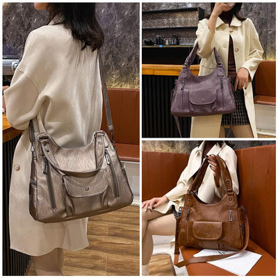 Double Large Compartment Tote Hobo Bag Leather Handbag with Crossbody Strap