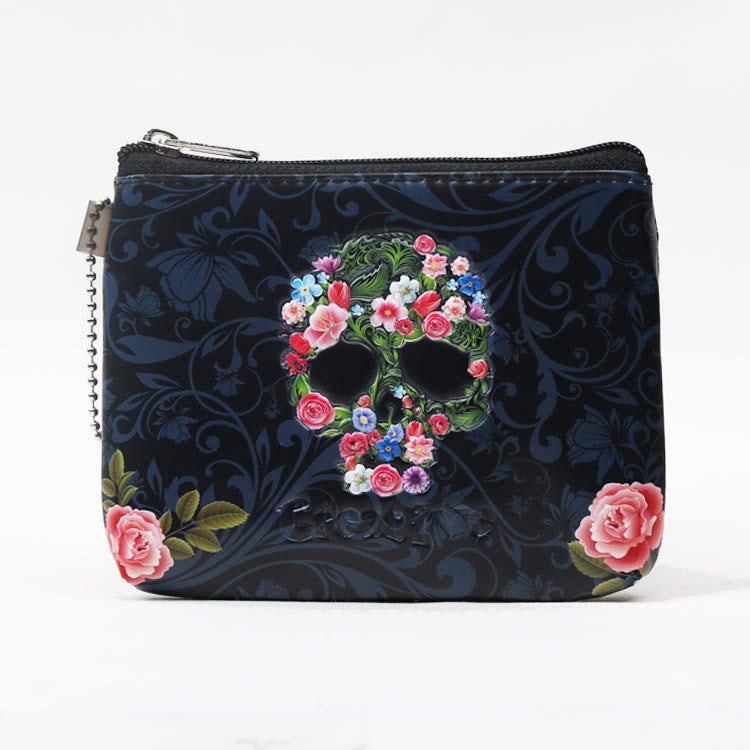 Rose Skull Wallet For Women Retro Floral Mini Coin Purse