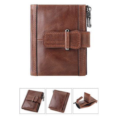 Multi-Slot Genuine Leather RFID Blocking Bifold Wallet with 2 Zip Coin Purse