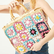 Tote For Women Knitted Colorful Flowers Pattern Bamboo Handle Handbag