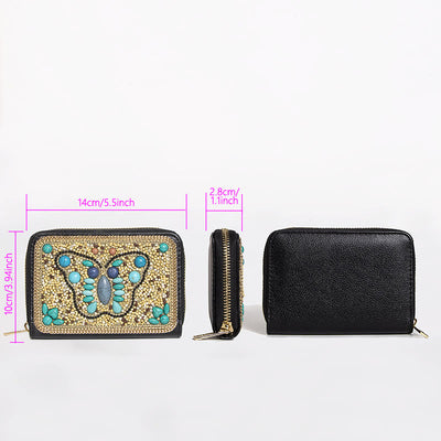 Bohemian Wallet For Women Butterfly Flower Pattern Zipper Purse