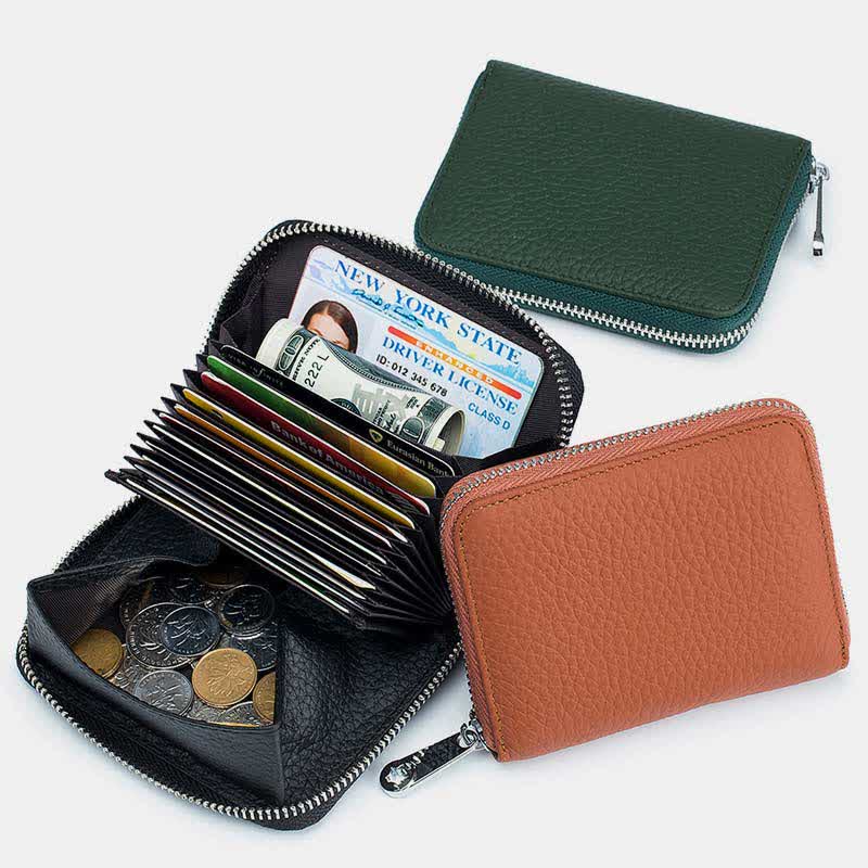 RIFD Blocking Small Coin Purse Multi-Pocket Card Holder Genuine Leather Wallet