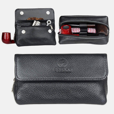 Leather Tobacco Pouch Pipe Carrying Case with 2 Pipe Holder Pocket