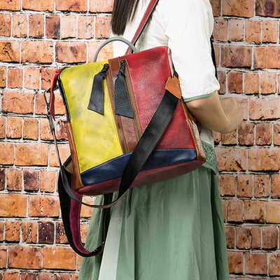 Women Backpack Purse Convertible Shoulder Bag Genuine Leather Colorblock Casual Daypack