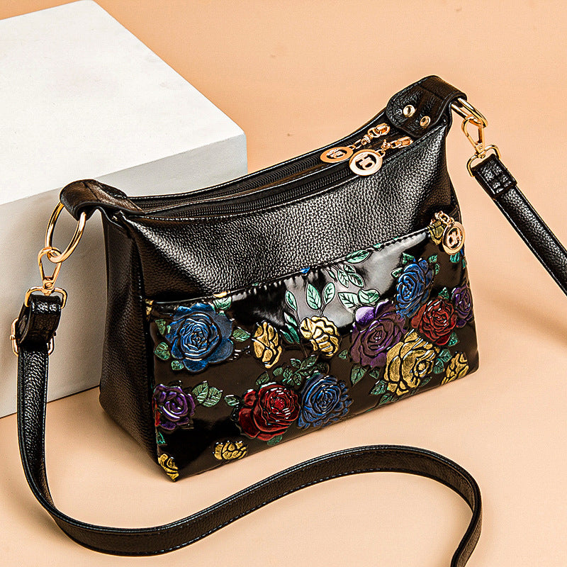 Floral Emblossing Crossbody Bag For Women Classic Leather Purse