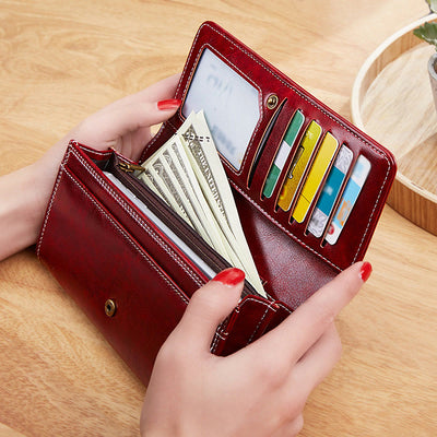 Elegant Retro Long Purse Wax Leather Card Holder For Women